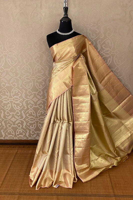 Gold Pure Kanjeevaram Silk Saree, With Blouse