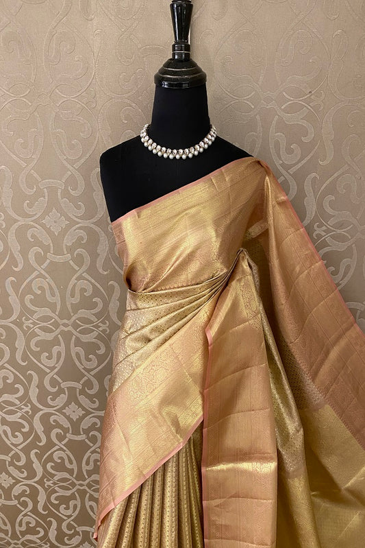 Gold Pure Kanjeevaram Silk Saree, With Blouse