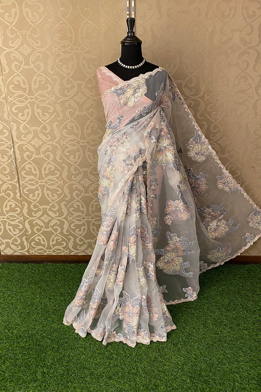 Grey Pink Organza Silk Hand Embroidery, Party Wear Saree, With Blouse.