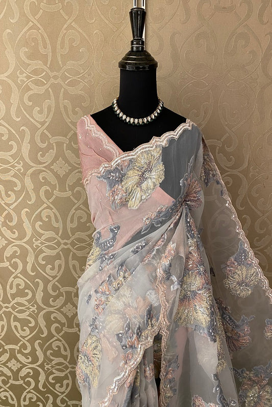 Grey Pink Organza Silk Hand Embroidery, Party Wear Saree, With Blouse.