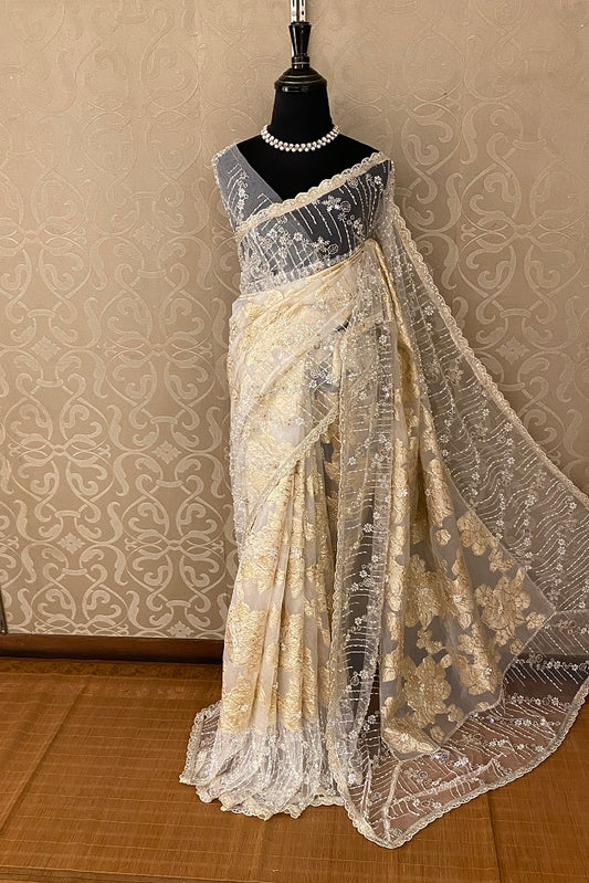 Gold Organza Silk Hand Embroidery, Party Wear Saree, With Blouse.