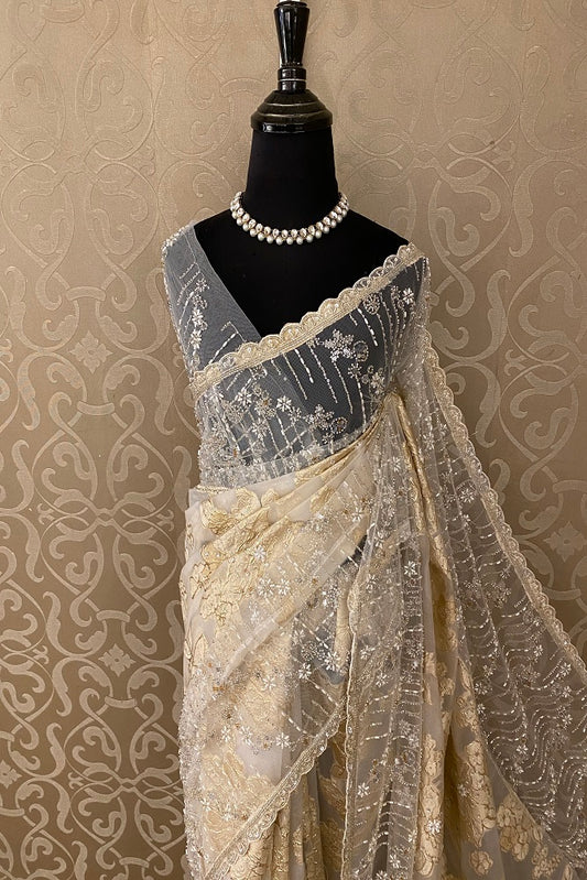Gold Organza Silk Hand Embroidery, Party Wear Saree, With Blouse.