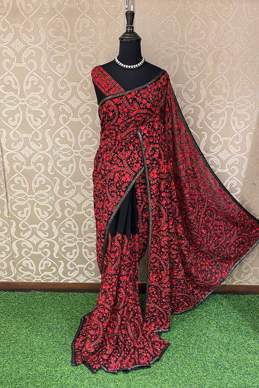 Black Red Georgette Kashmiri Work, Party Wear Saree, With Blouse.