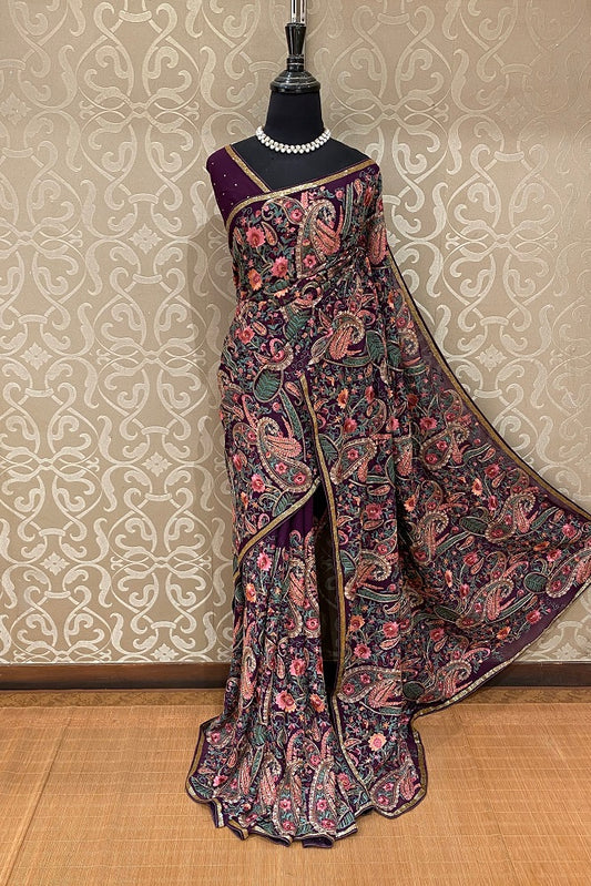 Purple Georgette Kashmiri Work, Party Wear Saree, With Blouse.