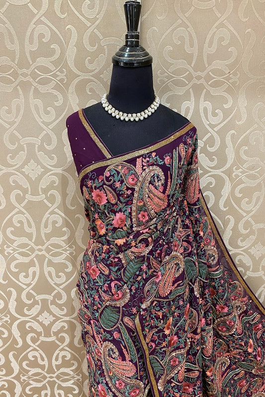 Purple Georgette Kashmiri Work, Party Wear Saree, With Blouse.
