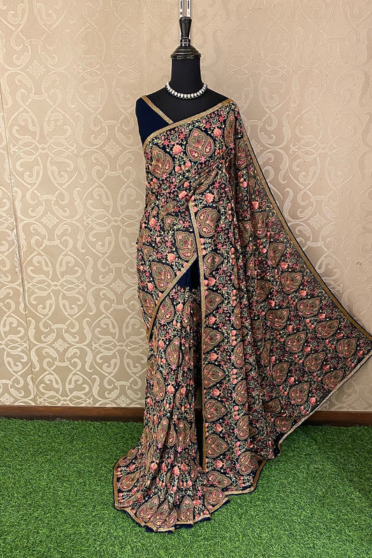 Blue Georgette Kashmiri Work, Party Wear Saree, With Blouse.