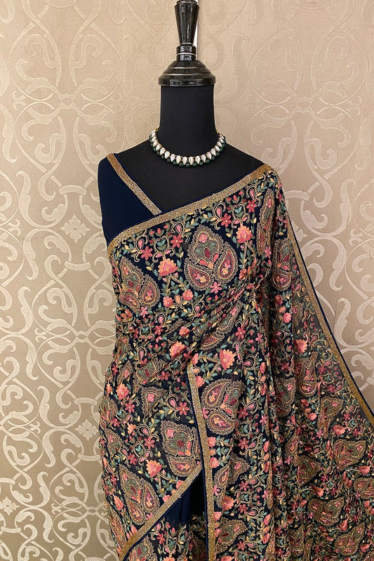 Blue Georgette Kashmiri Work, Party Wear Saree, With Blouse.