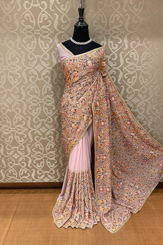 Pink Georgette Kashmiri Work, Party Wear Saree, With Blouse.
