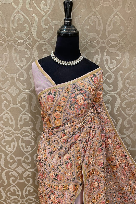 Pink Georgette Kashmiri Work, Party Wear Saree, With Blouse.