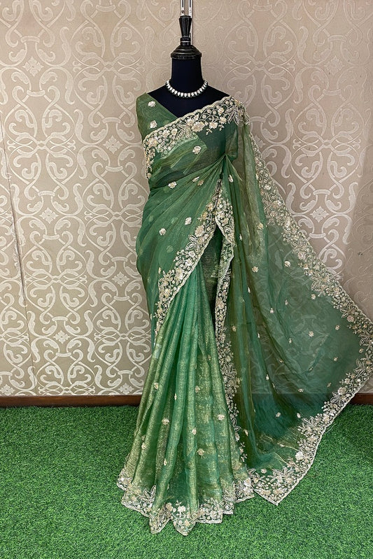 Green Tissue Organza Embroidery Saree, With Blouse