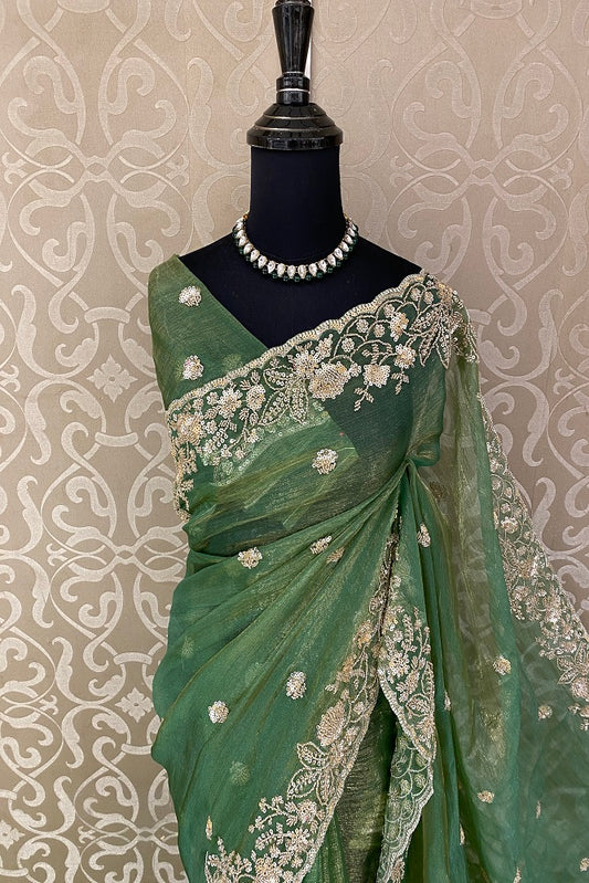 Green Tissue Organza Embroidery Saree, With Blouse
