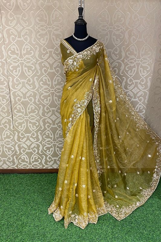 Mehendi Green Tissue Organza Embroidery Saree, With Blouse