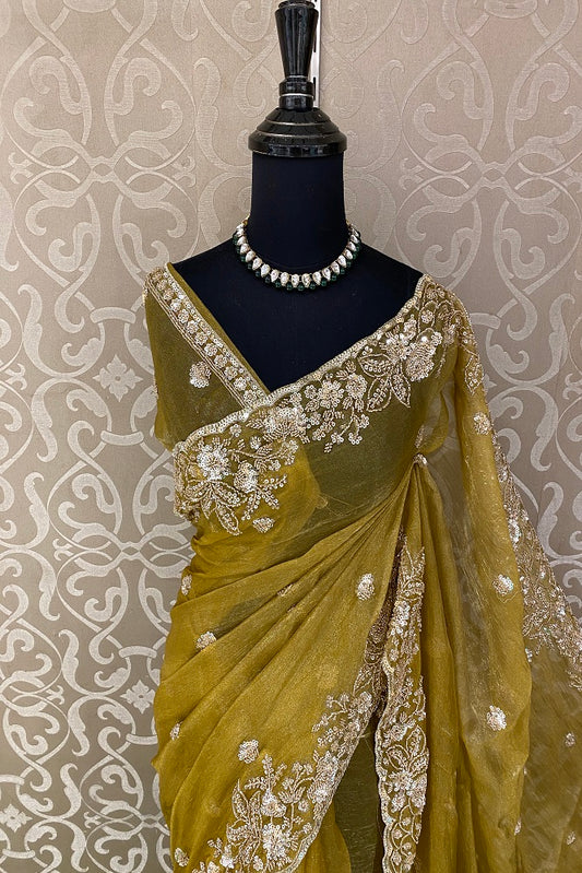 Mehendi Green Tissue Organza Embroidery Saree, With Blouse