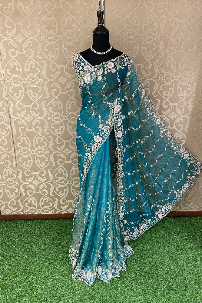 Blue Tissue Organza Embroidery Saree, With Blouse