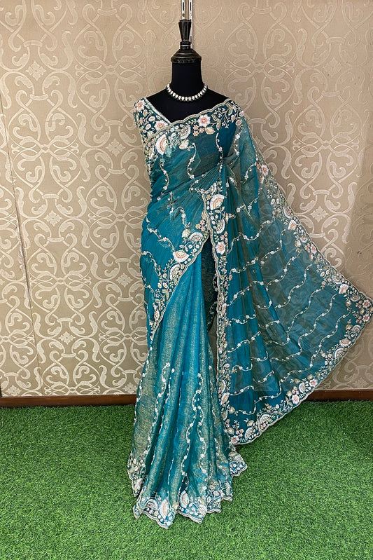 Blue Tissue Organza Embroidery Saree, With Blouse