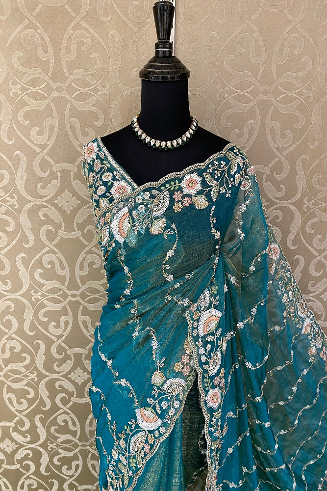 Blue Tissue Organza Embroidery Saree, With Blouse