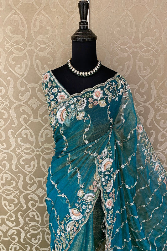 Blue Tissue Organza Embroidery Saree, With Blouse