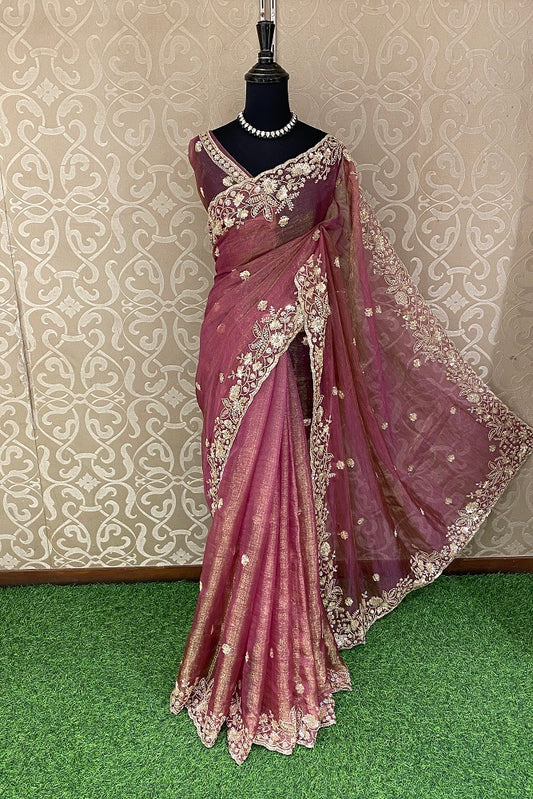 Magenta Tissue Organza Embroidery Saree, With Blouse