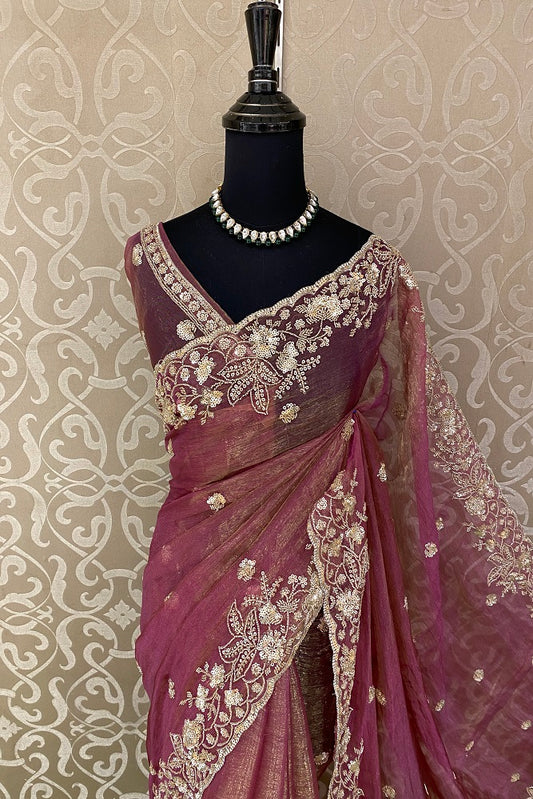 Magenta Tissue Organza Embroidery Saree, With Blouse