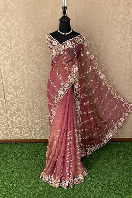 Magenta Tissue Organza Embroidery Saree, With Blouse