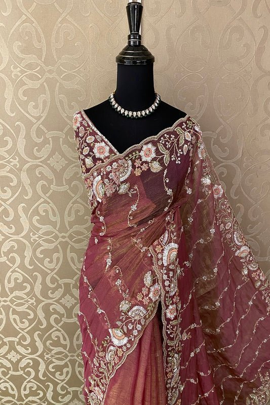 Magenta Tissue Organza Embroidery Saree, With Blouse