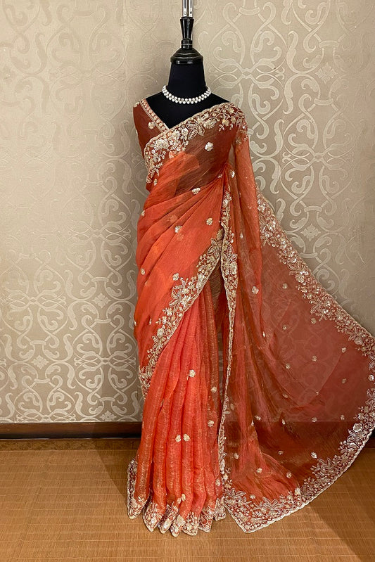 Orange Tissue Organza Embroidery Saree, With Blouse