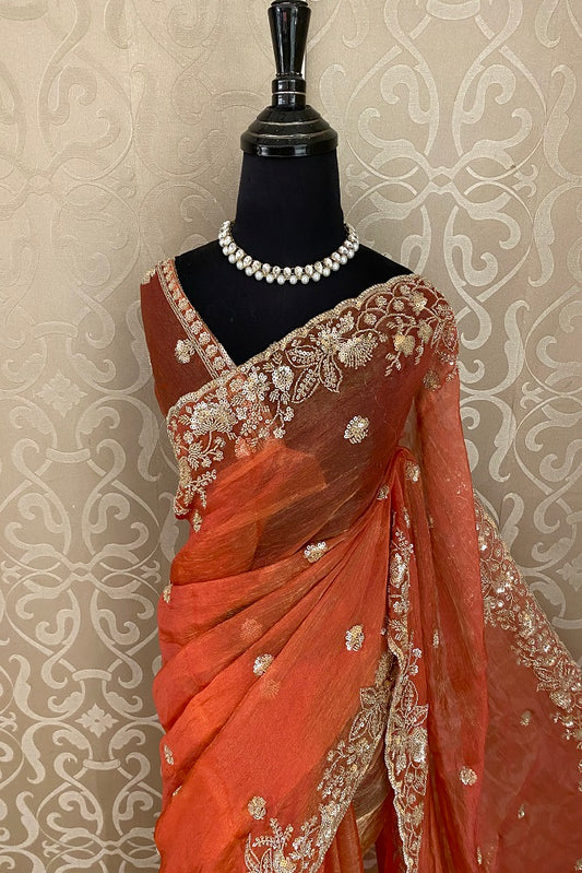 Orange Tissue Organza Embroidery Saree, With Blouse