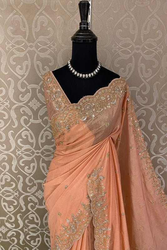 Peach Tissue Organza Embroidery Saree, With Blouse