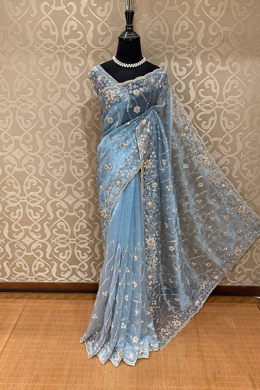 Blue Tissue Organza Embroidery Saree, With Blouse