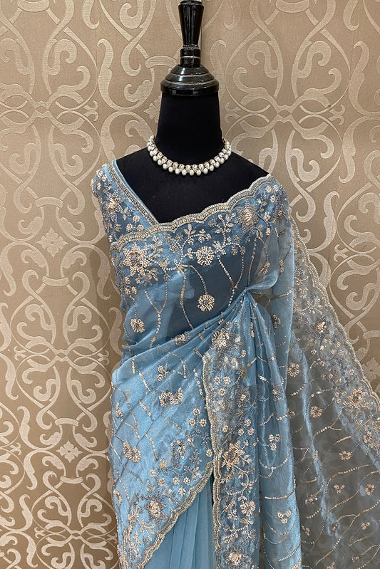 Blue Tissue Organza Embroidery Saree, With Blouse
