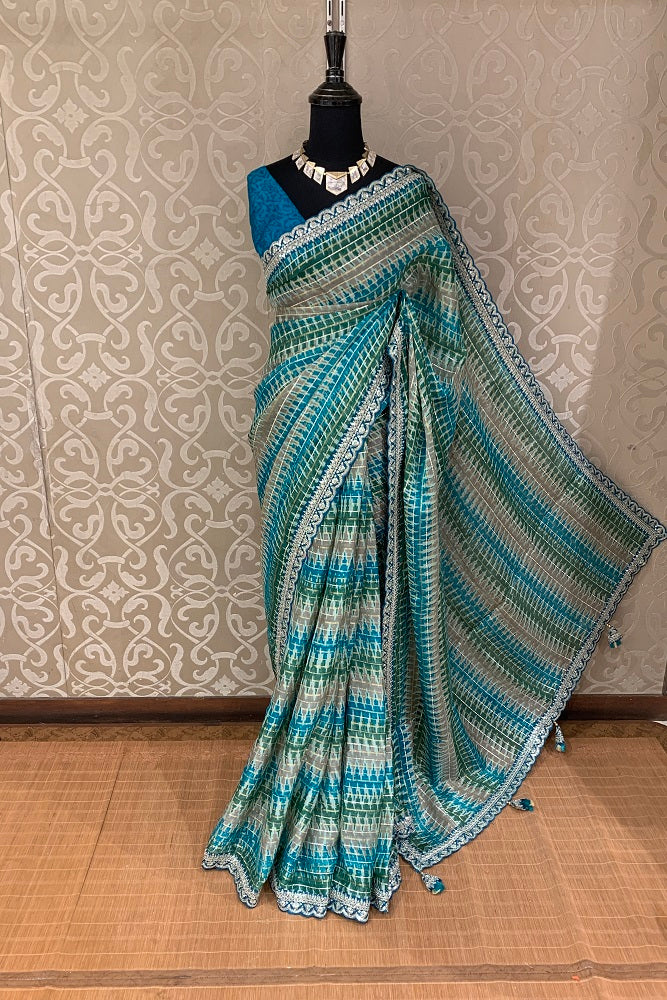 MULTI COLOUR SOFT ORGANZA SILK SAREE WITH EMBROIDERY BLOUSE