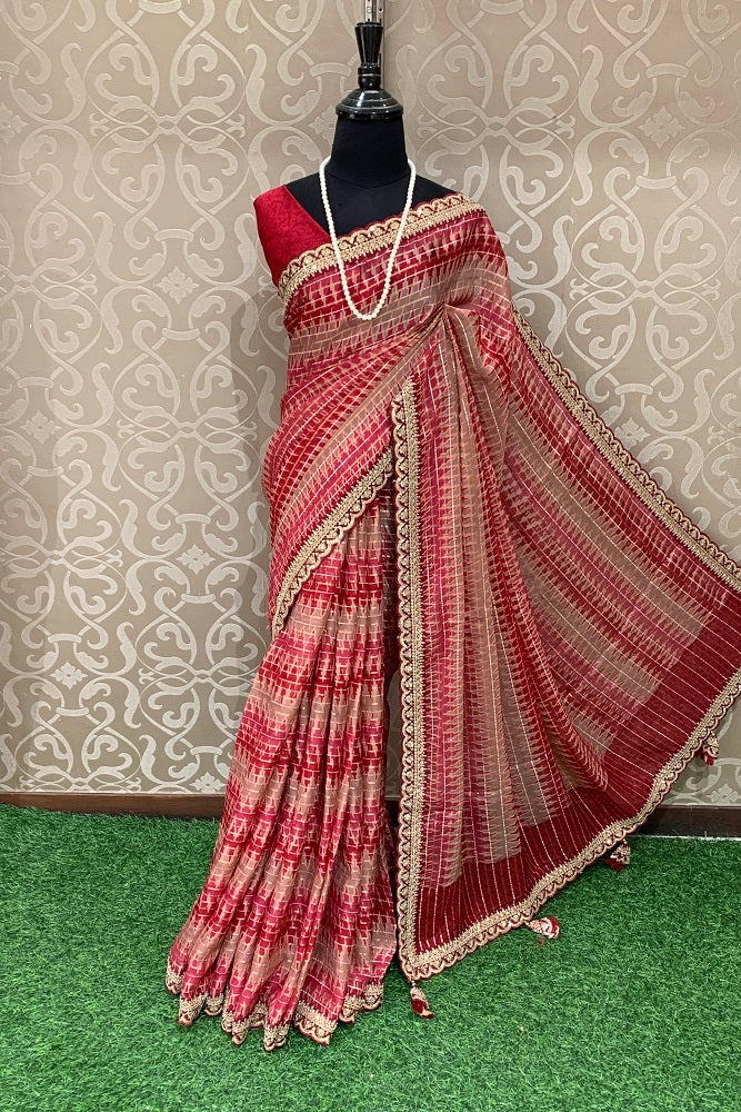 RED SOFT ORGANZA SILK SAREE WITH EMBROIDERY BLOUSE