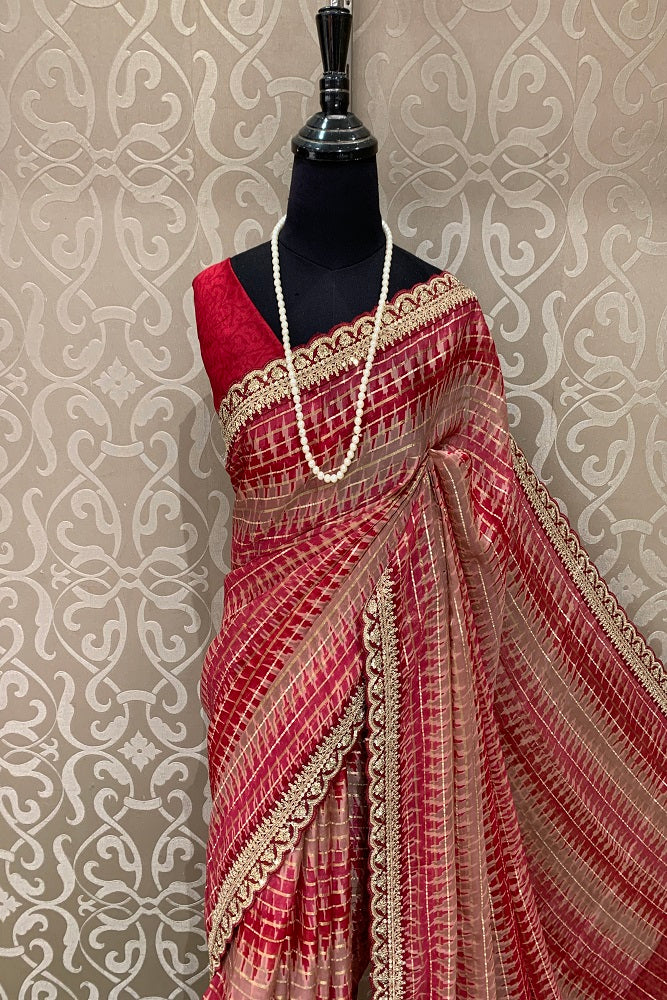 RED SOFT ORGANZA SILK SAREE WITH EMBROIDERY BLOUSE