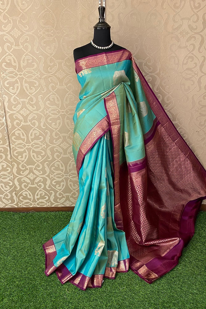 Sea Green Colour Pure Kanjeevaram Silk Saree, With Unstiched Blouse