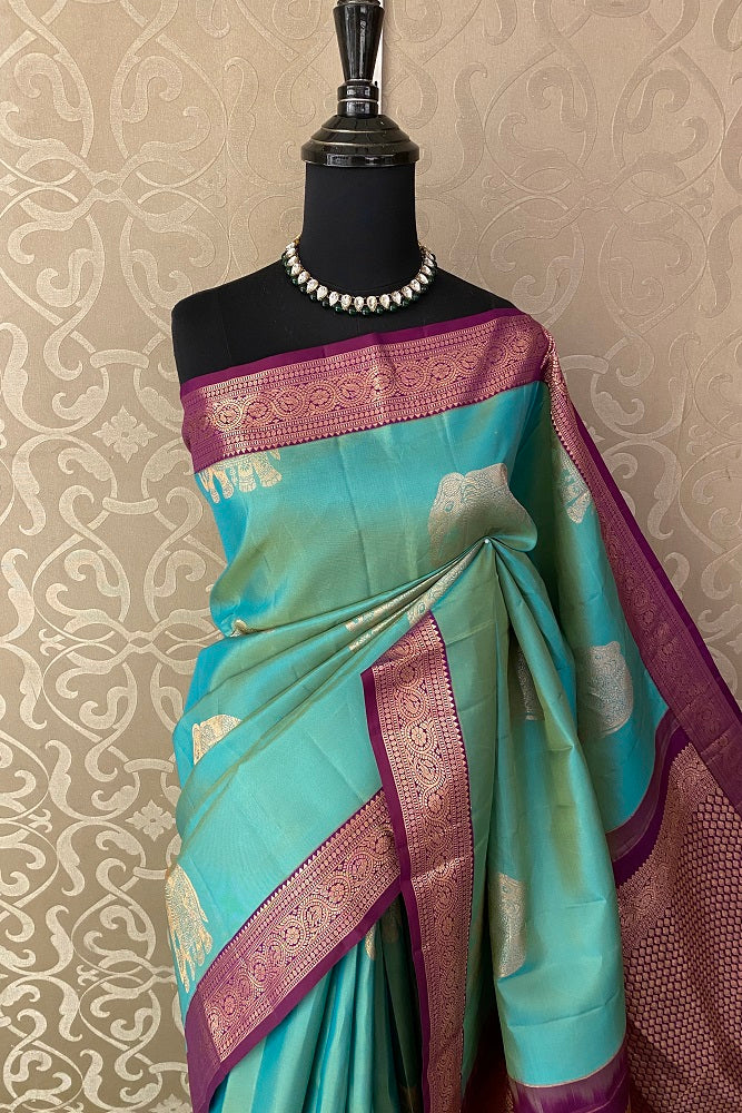 Light Sea Green Colour Pure Kanjeevaram Silk Saree, With Blouse