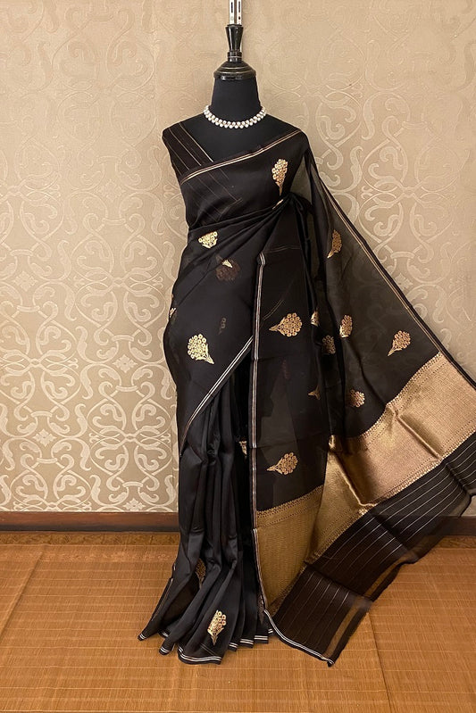 Black Kora Banarasi Silk Saree, With Blouse Piece