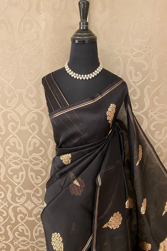 Black Kora Banarasi Silk Saree, With Blouse Piece