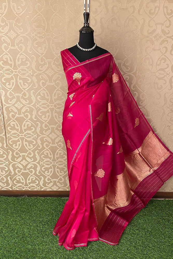 Rani Pink Kora Banarasi Silk Saree, With Blouse Piece