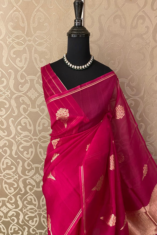 Rani Pink Kora Banarasi Silk Saree, With Blouse Piece