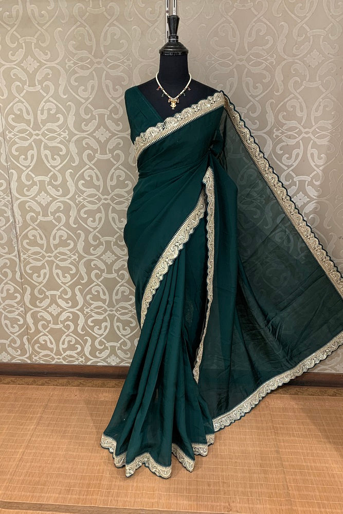 Green Colour Pure Organza Silk Saree With Zari Border