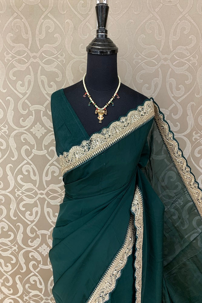 Green Colour Pure Organza Silk Saree With Zari Border