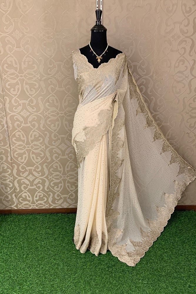Offwhite Pure Crepe Silk Saree With  Zari Work