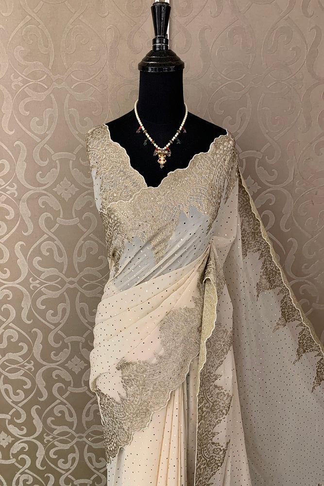 Offwhite Pure Crepe Silk Saree With  Zari Work