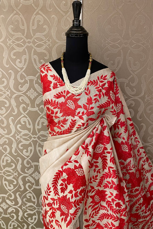Offwhite Red Pure Tussar Bengal Kantha Stitch Saree, With Unstitched Blouse.
