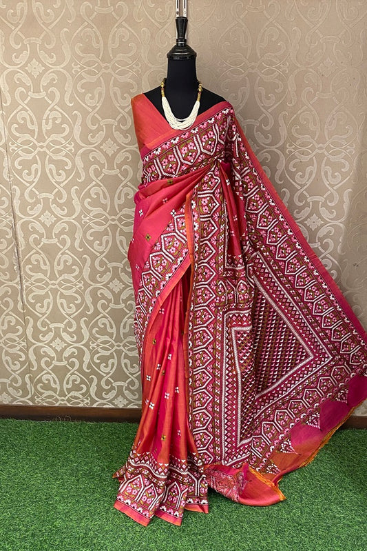 Red Pink Pure Silk Bengal Kantha Stitch Saree, With Unstitched Blouse.