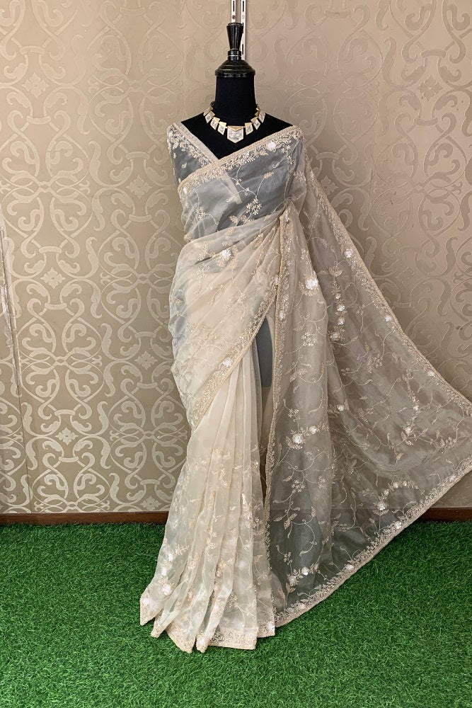 OFFWHITE GOLD ORGANZA SILK SAREE HAND EMBROIDERY WORK WITH BLOUSE