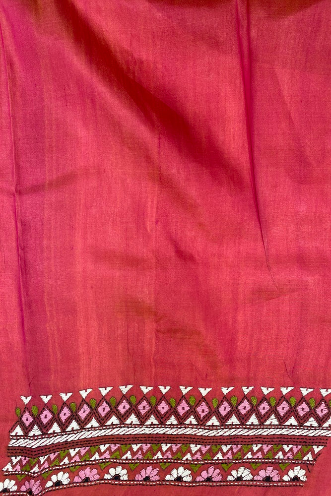 Red Pink Pure Silk Bengal Kantha Stitch Saree, With Unstitched Blouse.