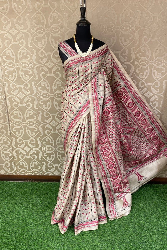 Offwhite Pink Pure Tussar Bengal Kantha Stitch Saree, With Unstitched Blouse.