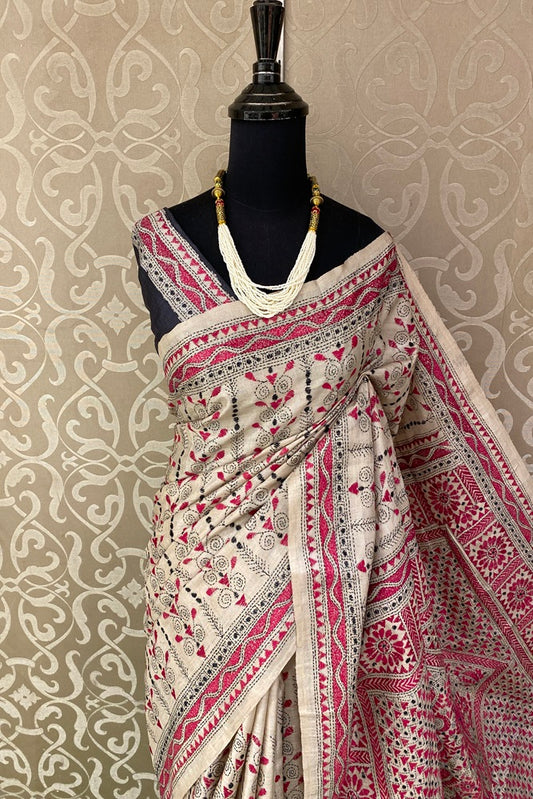 Offwhite Pink Pure Tussar Bengal Kantha Stitch Saree, With Unstitched Blouse.