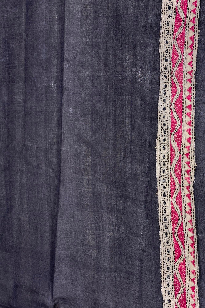 Offwhite Pink Pure Tussar Bengal Kantha Stitch Saree, With Unstitched Blouse.